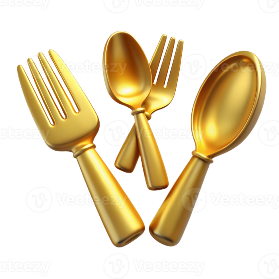 Golden Fork and Spoon 3D Illustration png