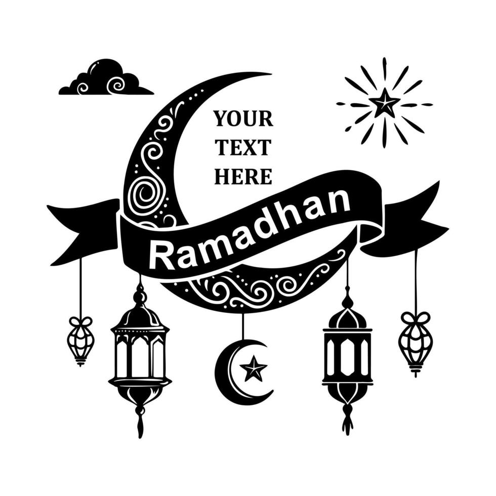 Ramadan kareem greeting card with ribbon elements with easily changeable text, crescent moon, lantern and stars vector