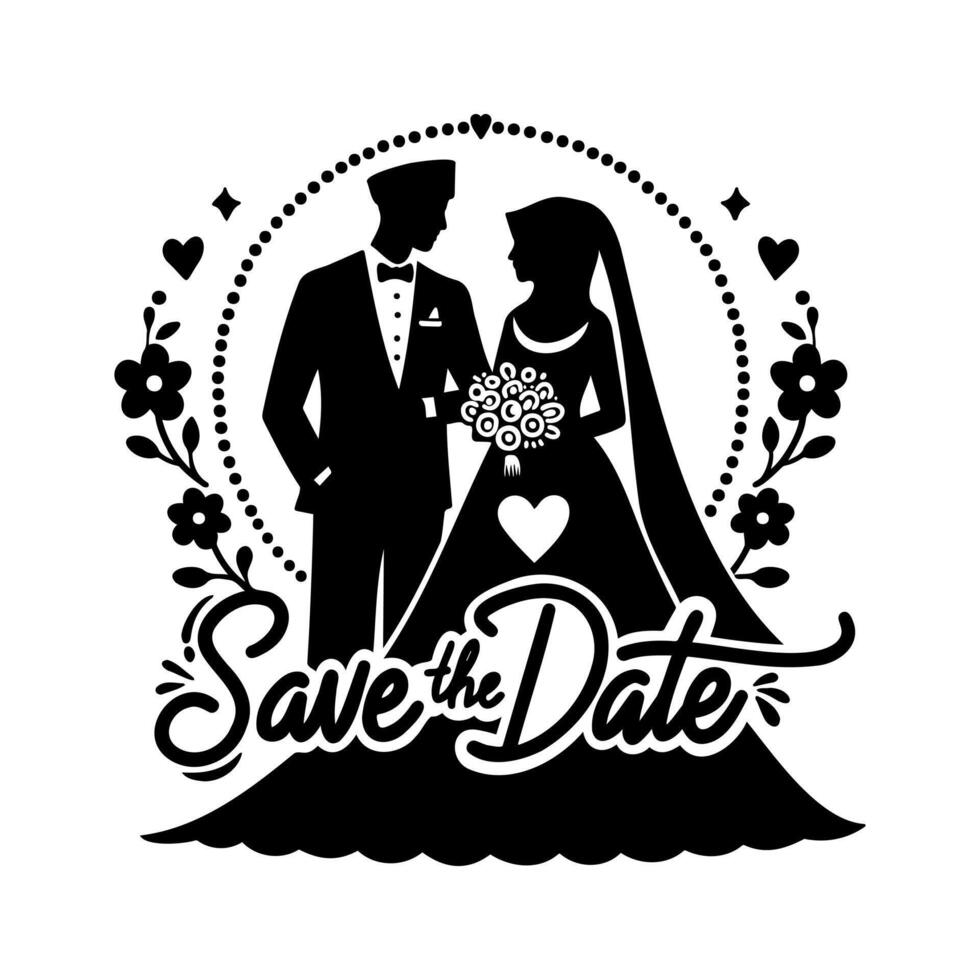 Save the date featuring the silhouette of a Muslim couple with elegant design elements for wedding celebrations vector