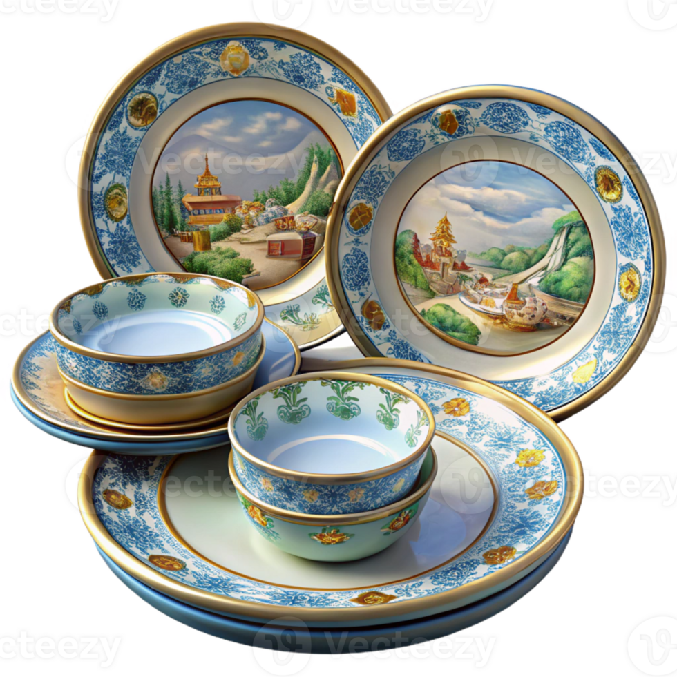 Blue and Gold Decorative Plates and Bowls png