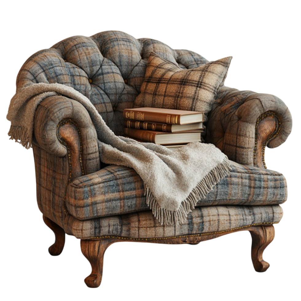 Cozy Armchair with Plaid Fabric png