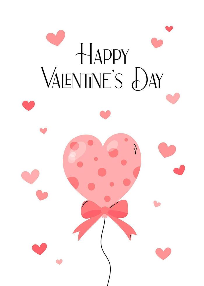 Valentines Day card. February 14 cute romantic illustration. Happy Valentine greeting card design vertical. Heart shaped pink balloon vector