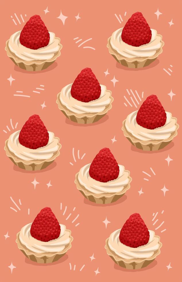 Beautiful strawberry cream pie pattern on pink vector