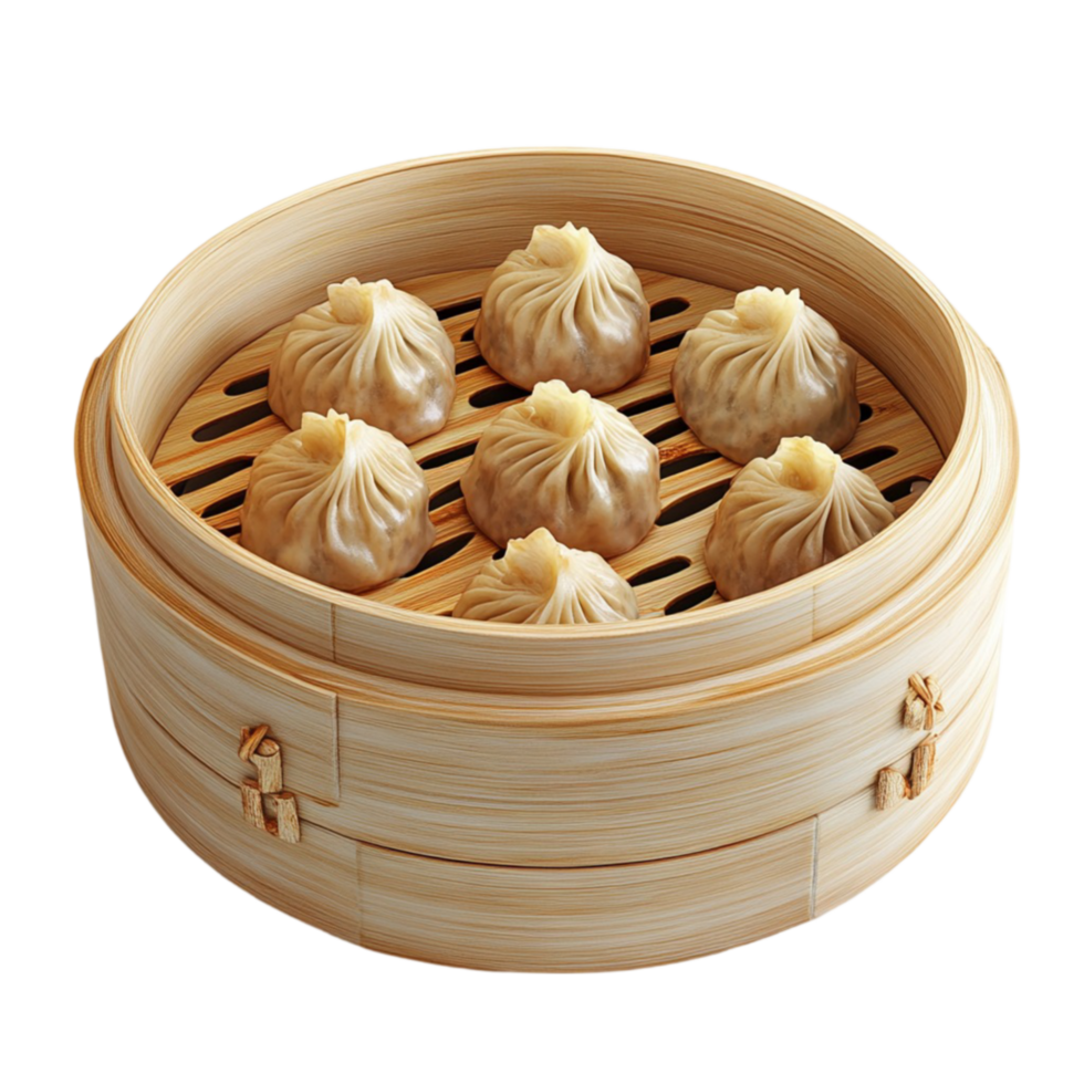 Steaming Bamboo Basket with Chinese Dumplings png