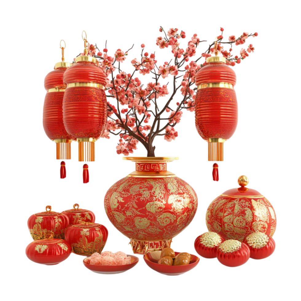 Chinese New Year Decorations with Red Lanterns and Flowers png