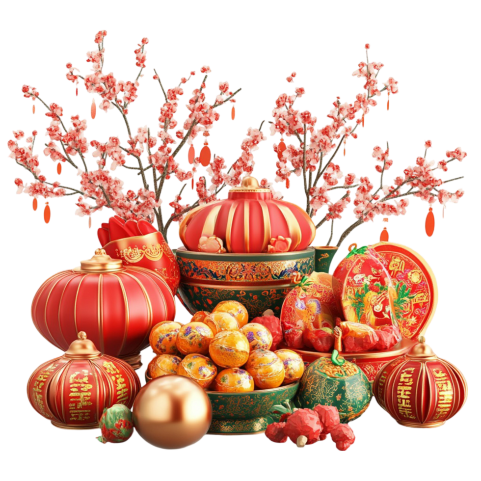 Chinese New Year Decorations with Red and Gold Decorations png