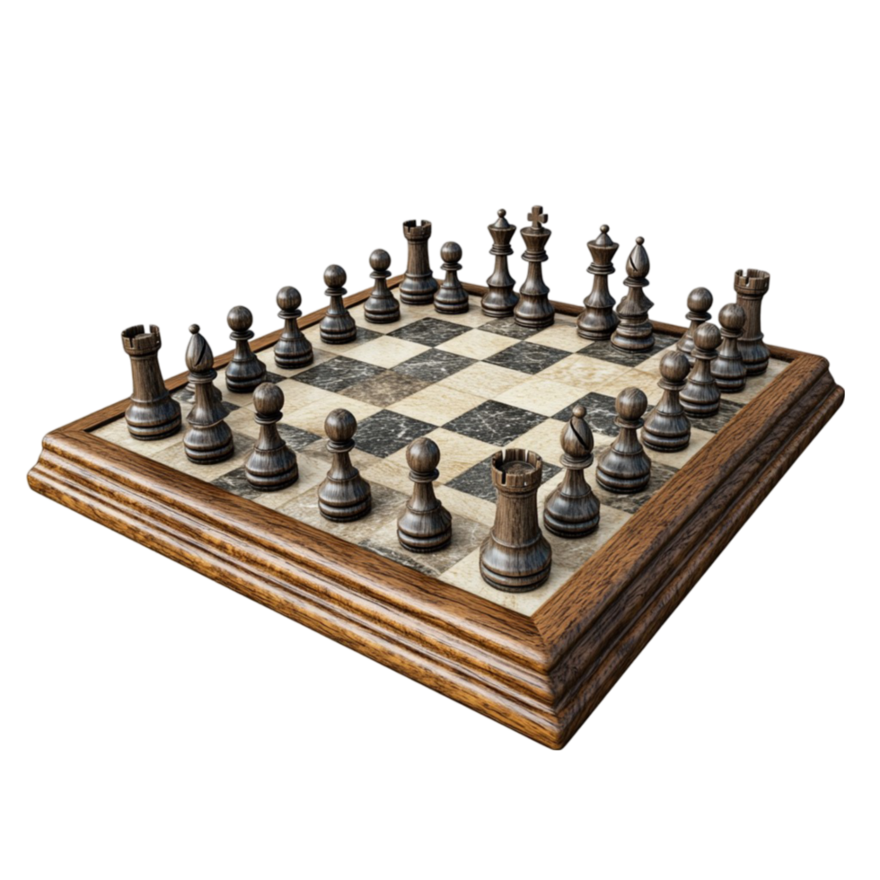 Chess Match Setup on Wooden Chessboard png