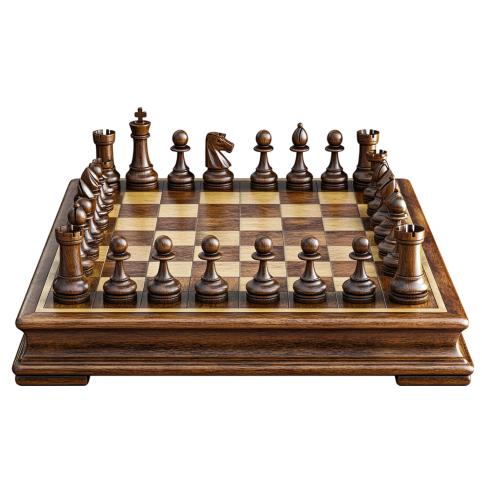 Chess Game Setup on Wooden Board png