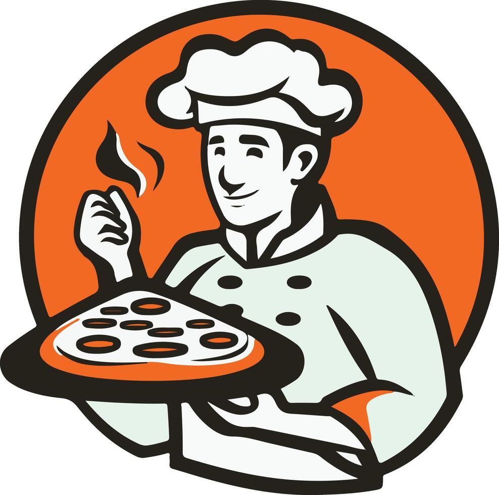 Chef pizza chef holding pizza on plate set inside circle on isolated background done in cartoon style il vector