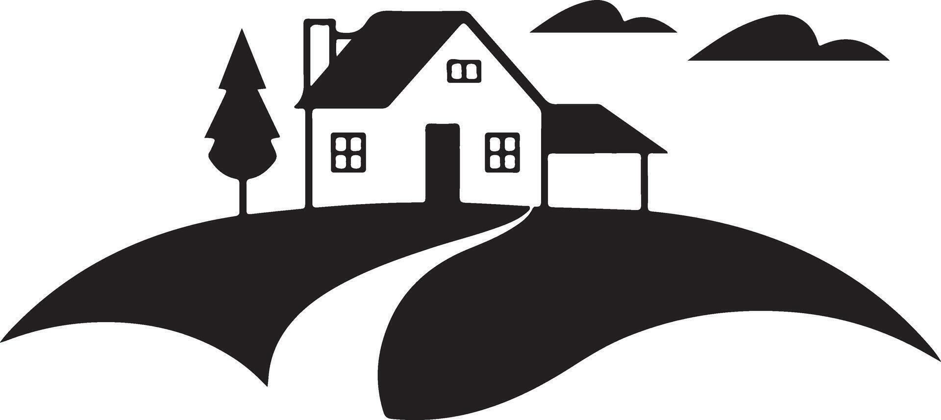 A black and white silhouette of a house on a hill vector