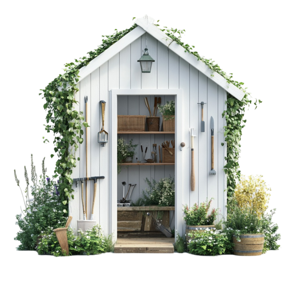 Outdoor Garden Shed with Tools and Greenery png