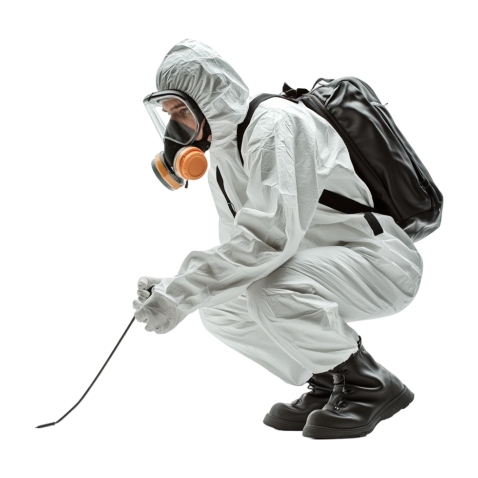 Man in White Protective Suit and Mask Spraying a Bug png