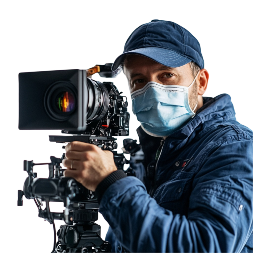Man in Blue Jacket and Surgical Mask Holding Camera png