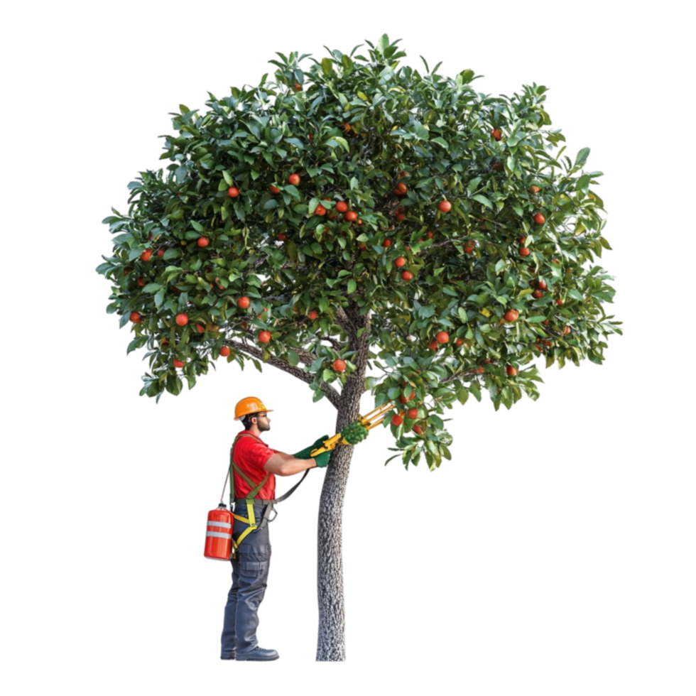 Man in Hard Hat and Safety Glasses Pruning an Orange Tree png