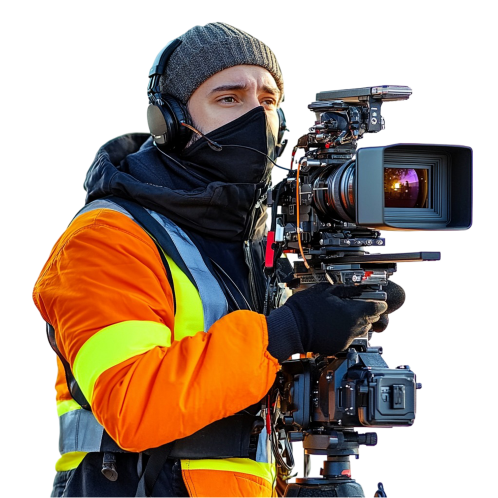 Man in Jacket and Safety Vest Holding Camera png