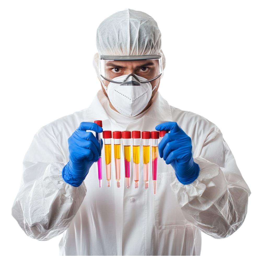 Man in Lab Coat Holding Test Tubes png