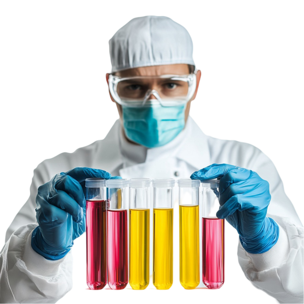 Man in Lab Coat Holding Colorful Test Tubes png