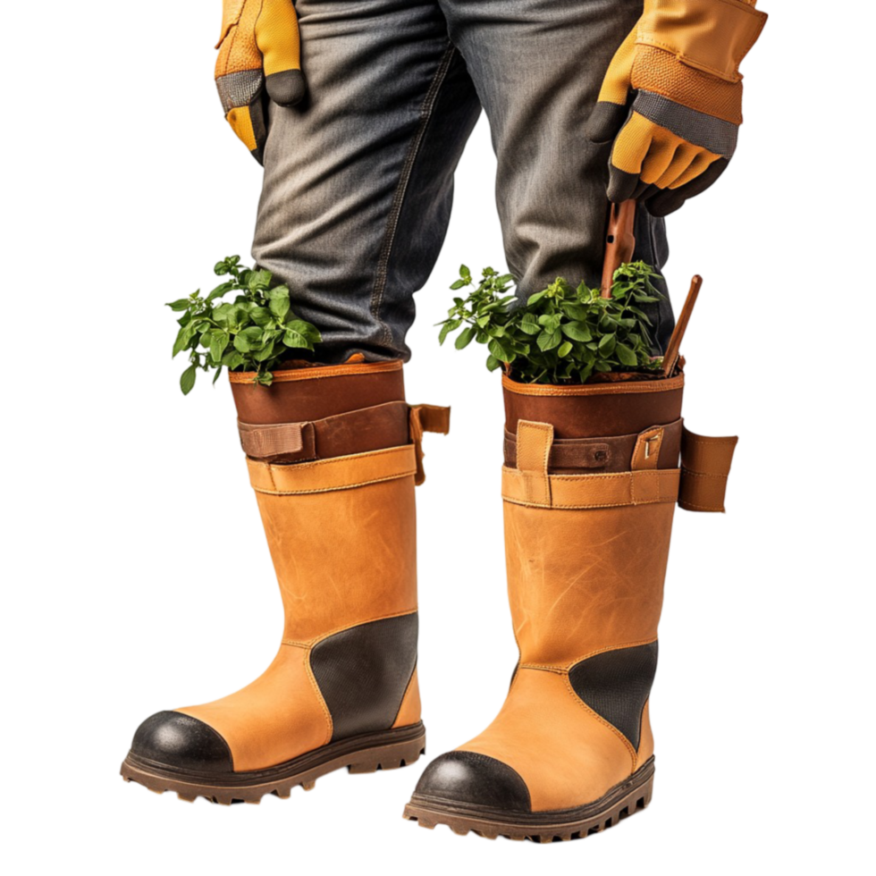 Man Wearing Gardening Boots and Gloves png