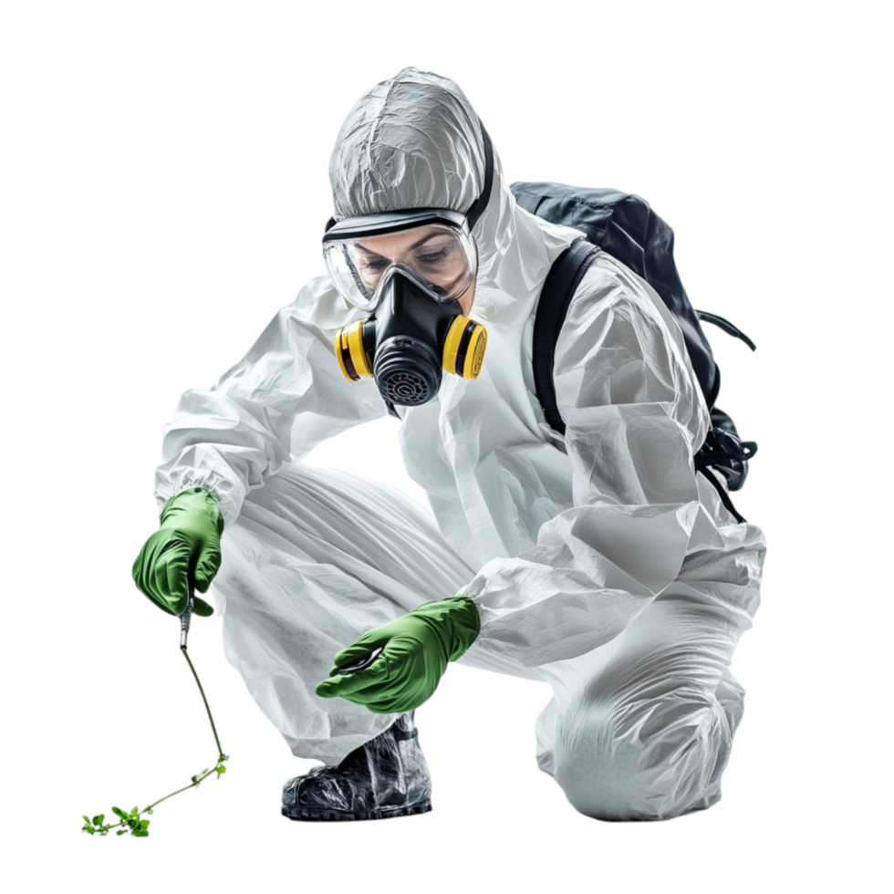 Man in Gas Mask and Protective Suit Kneeling Down png