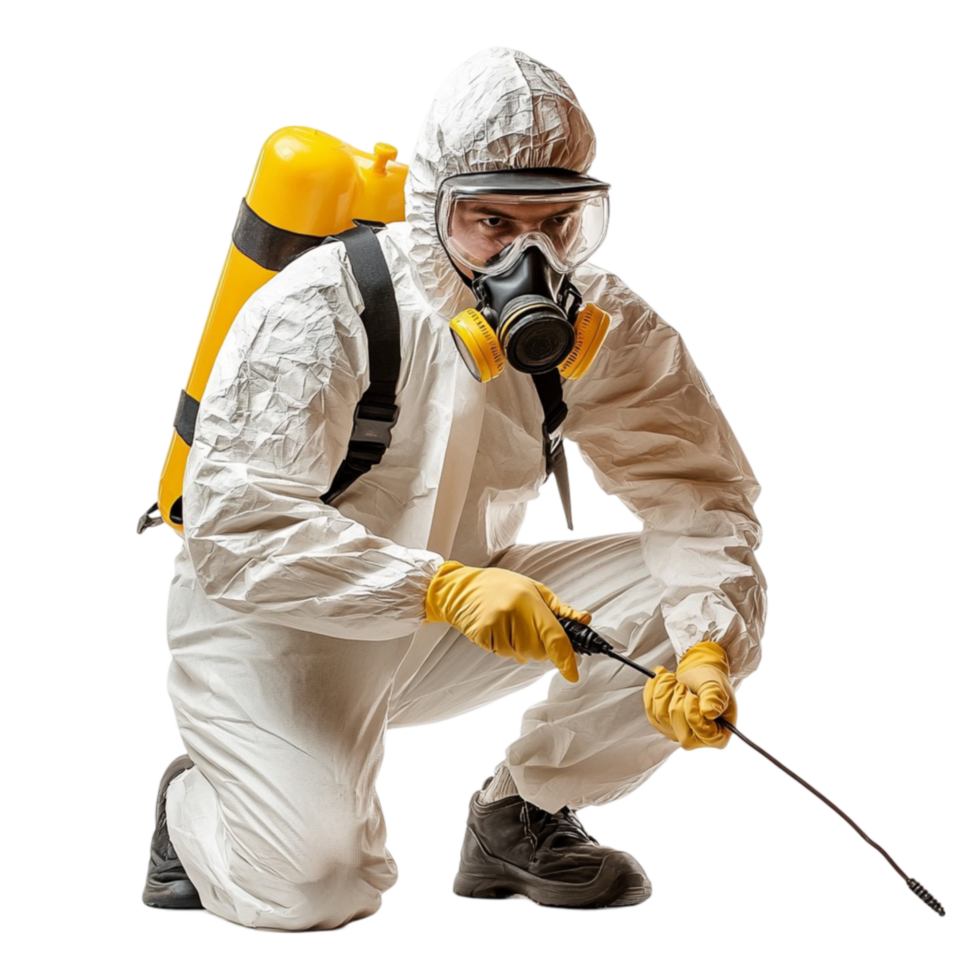 Man in Protective Suit and Gas Mask Holding a Sprayer png