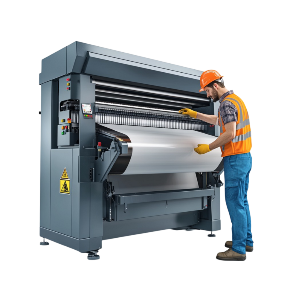 Worker Inspecting Industrial Printing Machine png