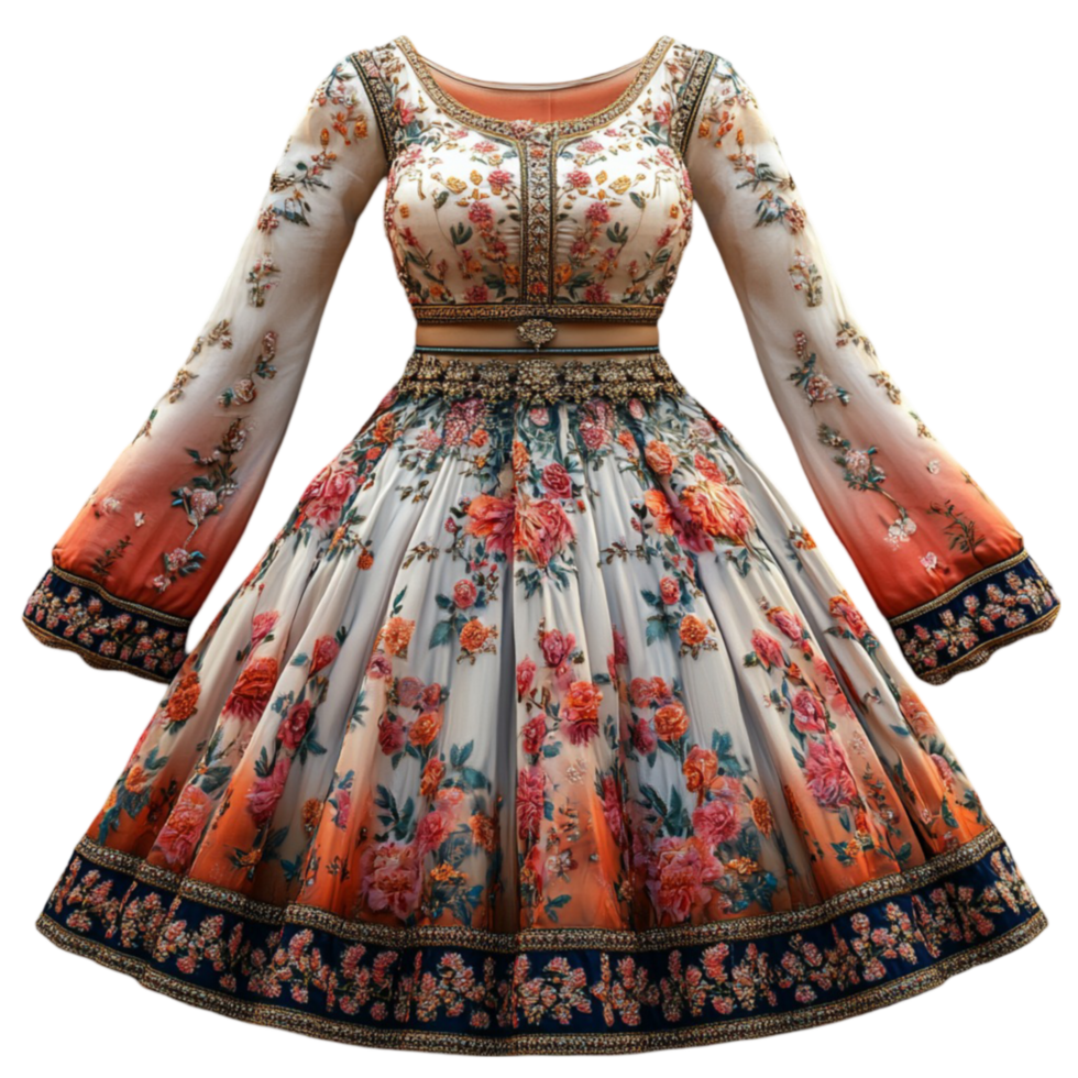 Traditional Indian Lehenga with Floral Pattern in Orange, Pink, and White, and Intricate Embroidery png