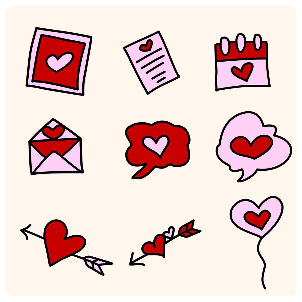groovy love sticker set with doodle drawing vector