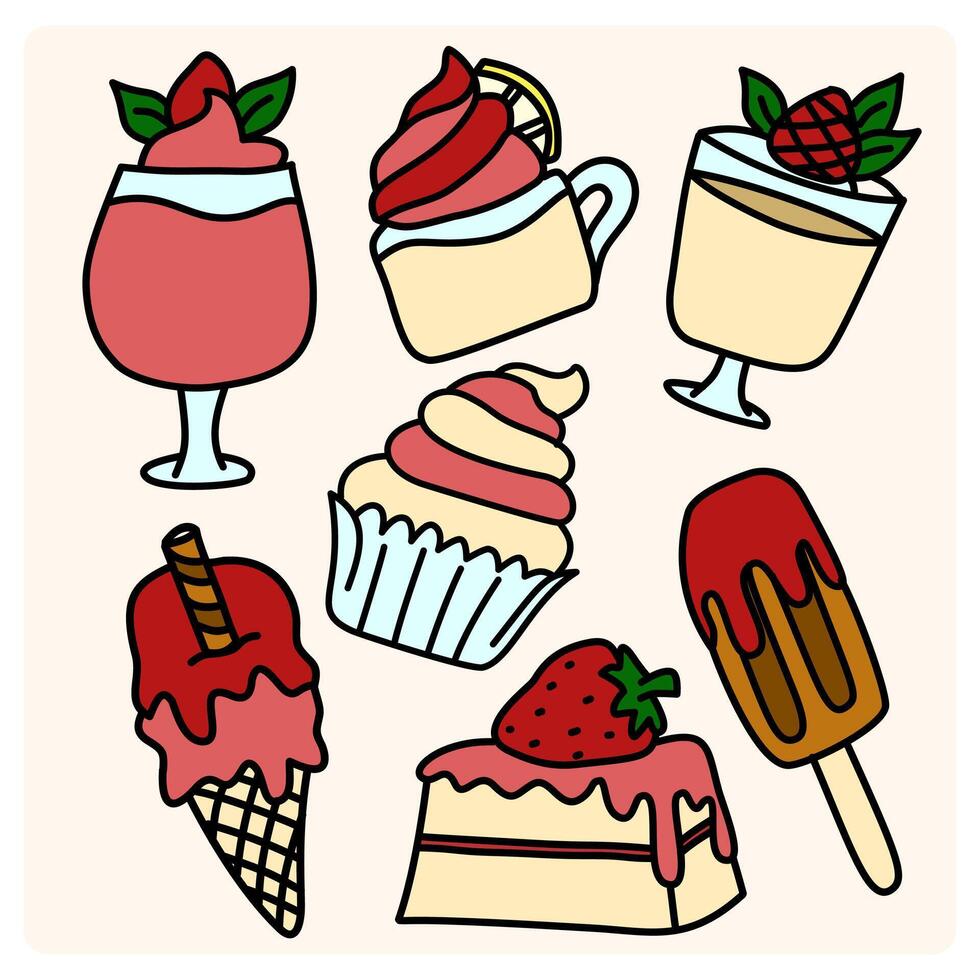 Set of tasty ice cream stickers. Yummy street food, confectionery snacks vector