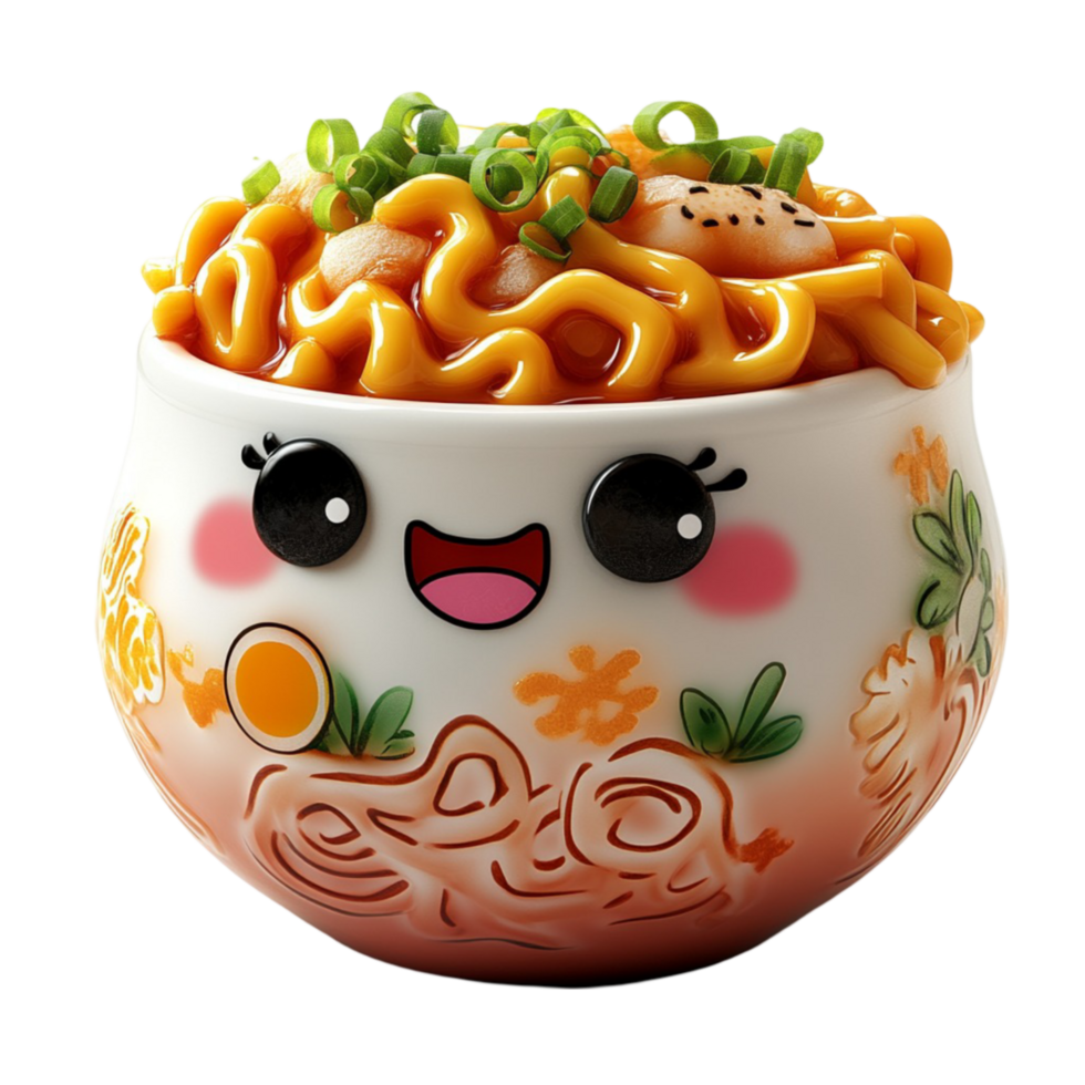 Cartoon Bowl of Noodles with Smiling Face, Green Onions, and Egg png