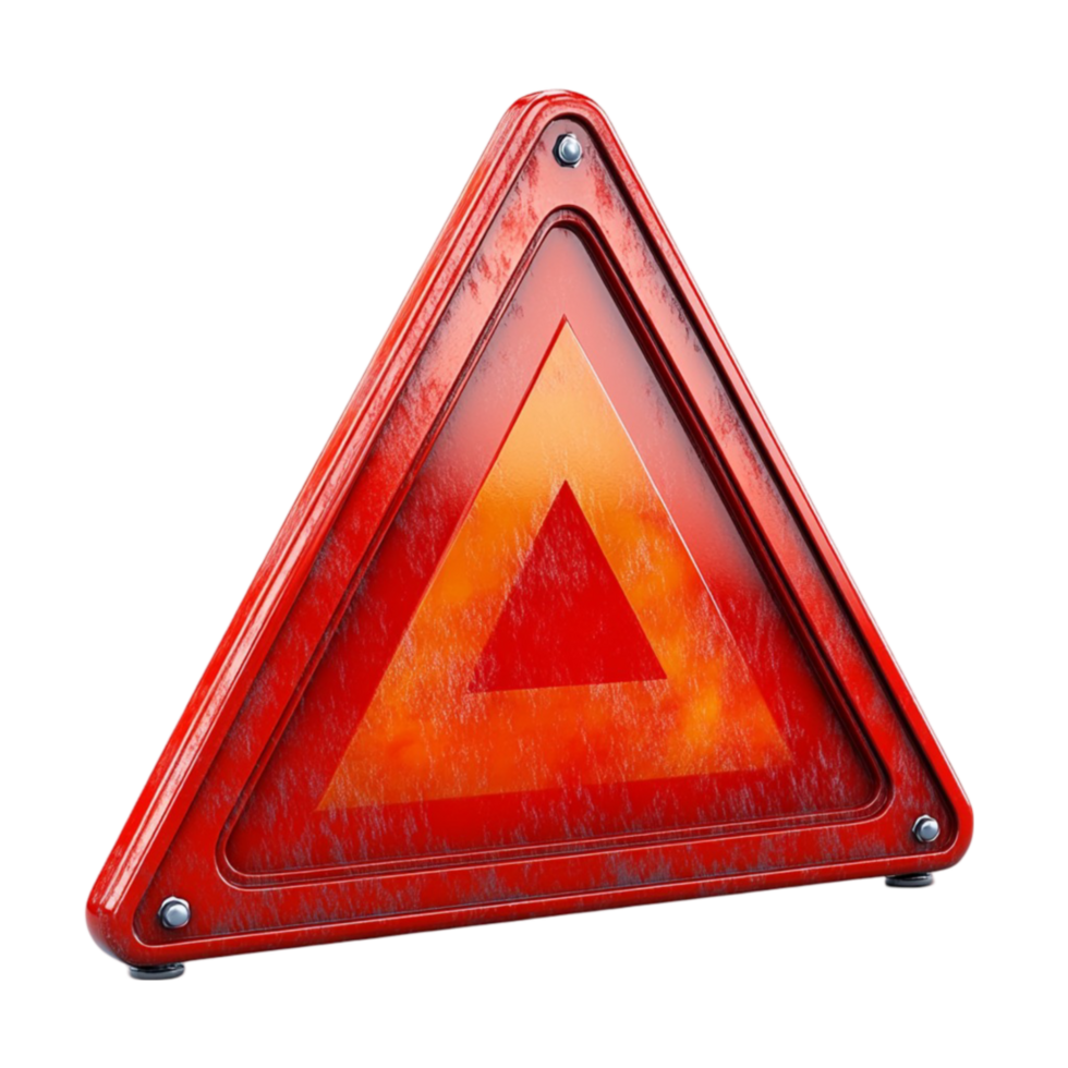 Aged Red Triangle Warning Sign with Metallic Texture and Rust Marks png