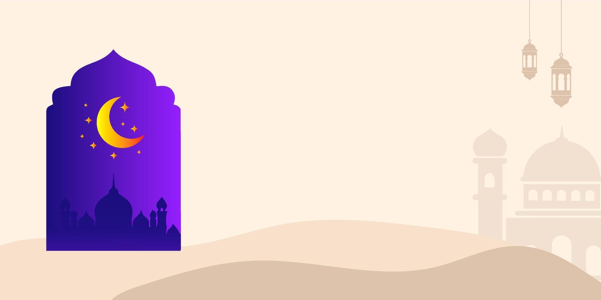 ramadan kareem greeting card with mosque and moon and copy space vector
