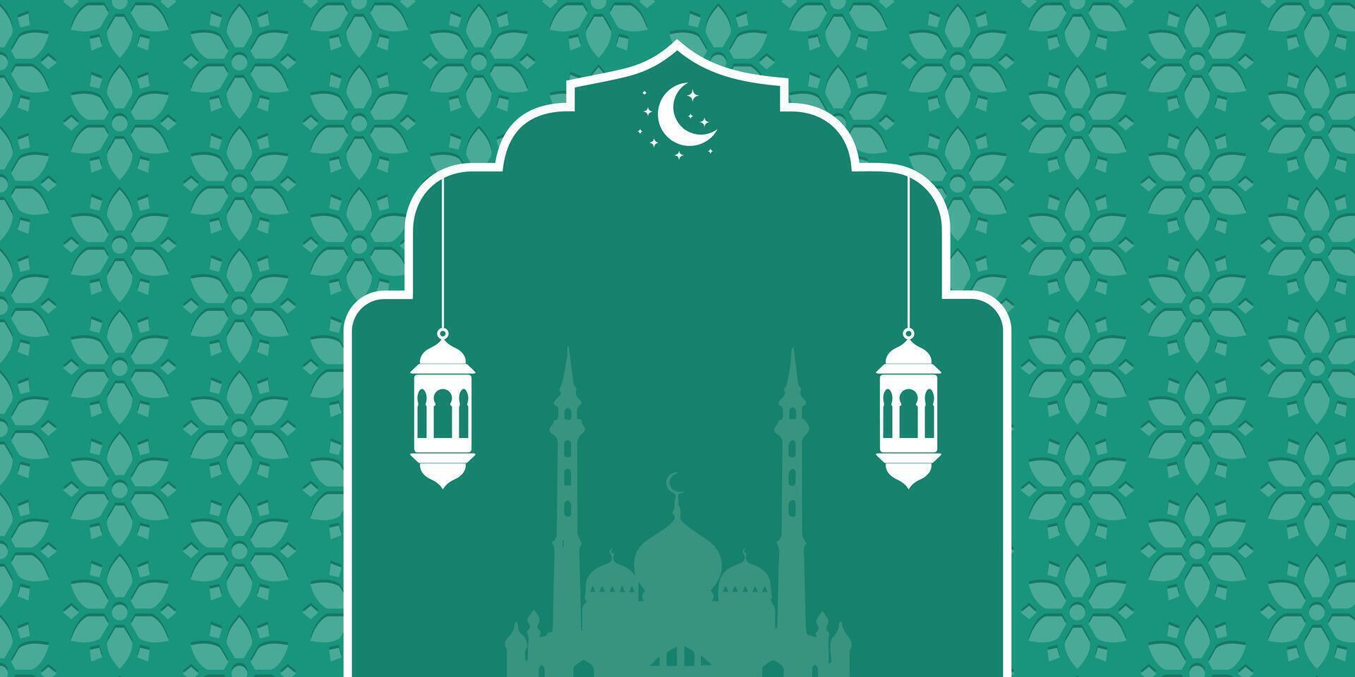 ramadan kareem greeting card or banner background with mosque and lanterns vector