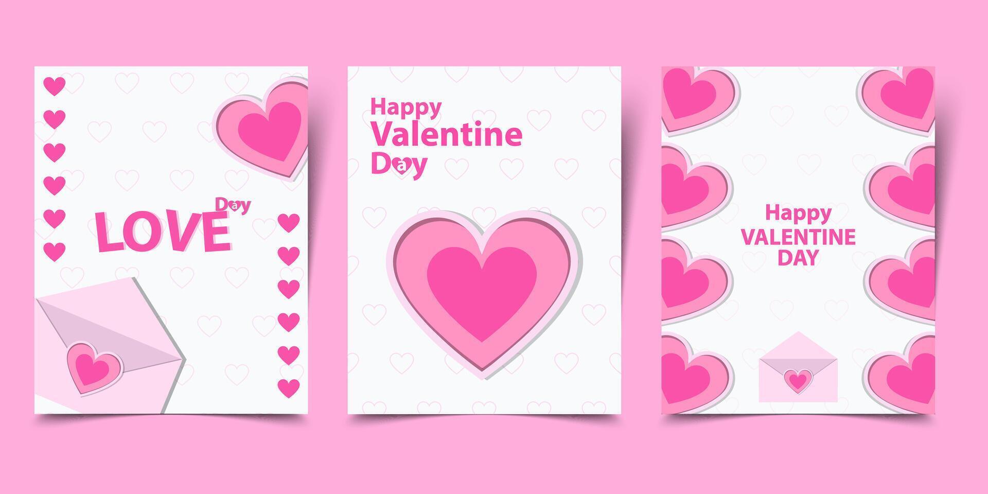 set of valentine's day cards background with pink hearts and envelopes vector