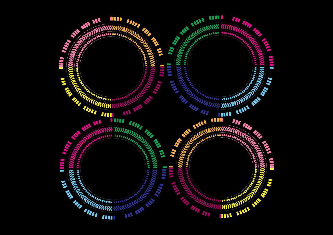 Abstract illustration of multicolored circles on black background, techno, logo, business, design vector