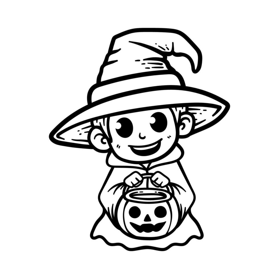 fun cartoon wizard kid hold pumpkin isolated drawing line art style sketch classic vintage design illustration vector