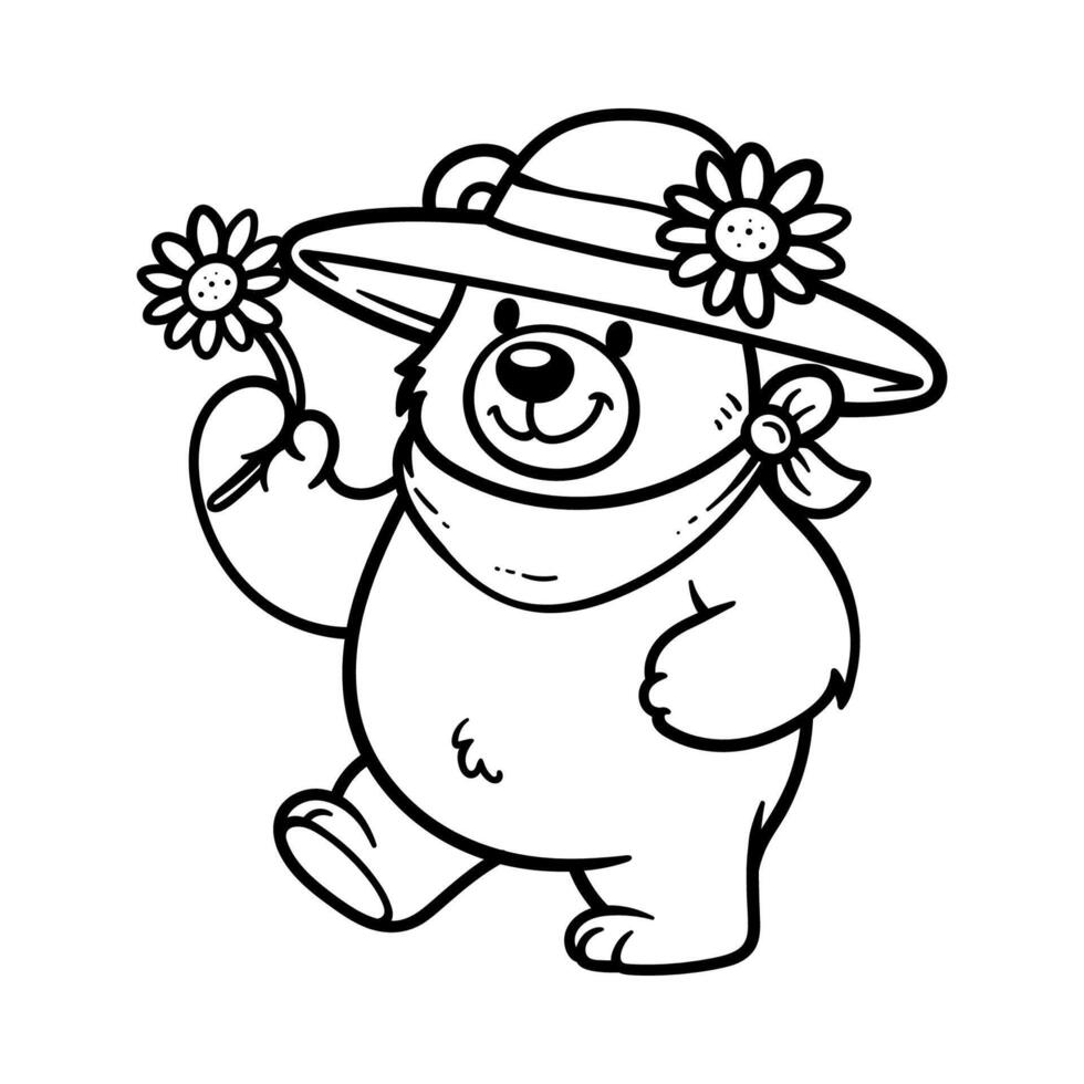 fun mother bear cartoon hold flower isolated drawing line art style sketch classic vintage design illustration vector