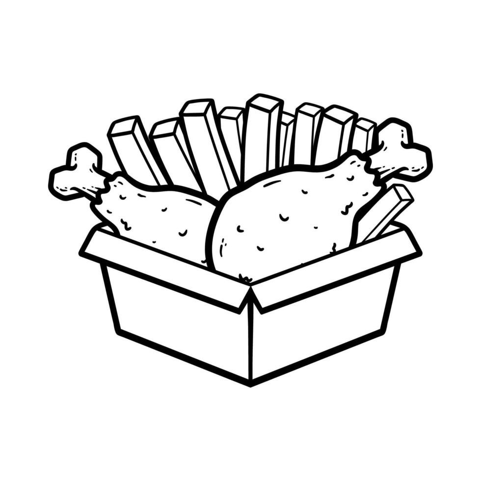bunch of fried chicken leg and french fries cartoon isolated drawing line art style sketch classic vintage design illustration vector