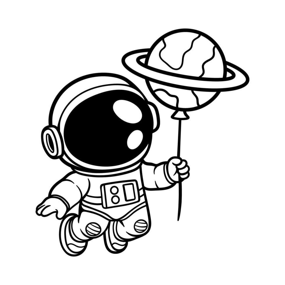 fun flying astronaut hold planet balloon cartoon character isolated drawing line art style sketch classic vintage design illustration vector