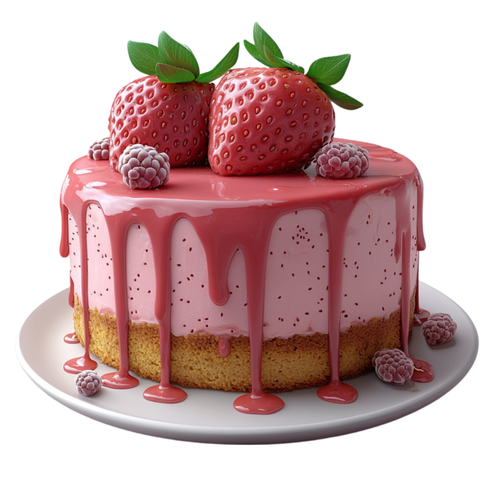 Delicious Cake with Pink Frosting and Strawberries on White Plate png