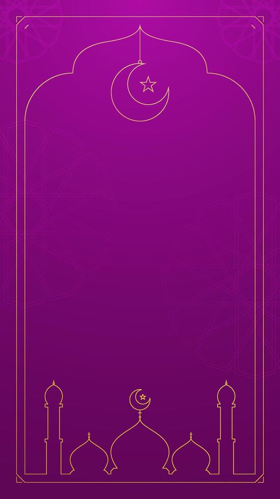 Simple Elegant Islamic Vertical Copy Space Background in Violet with Gold Mosque Silhouette and Crescent Moon Frame vector
