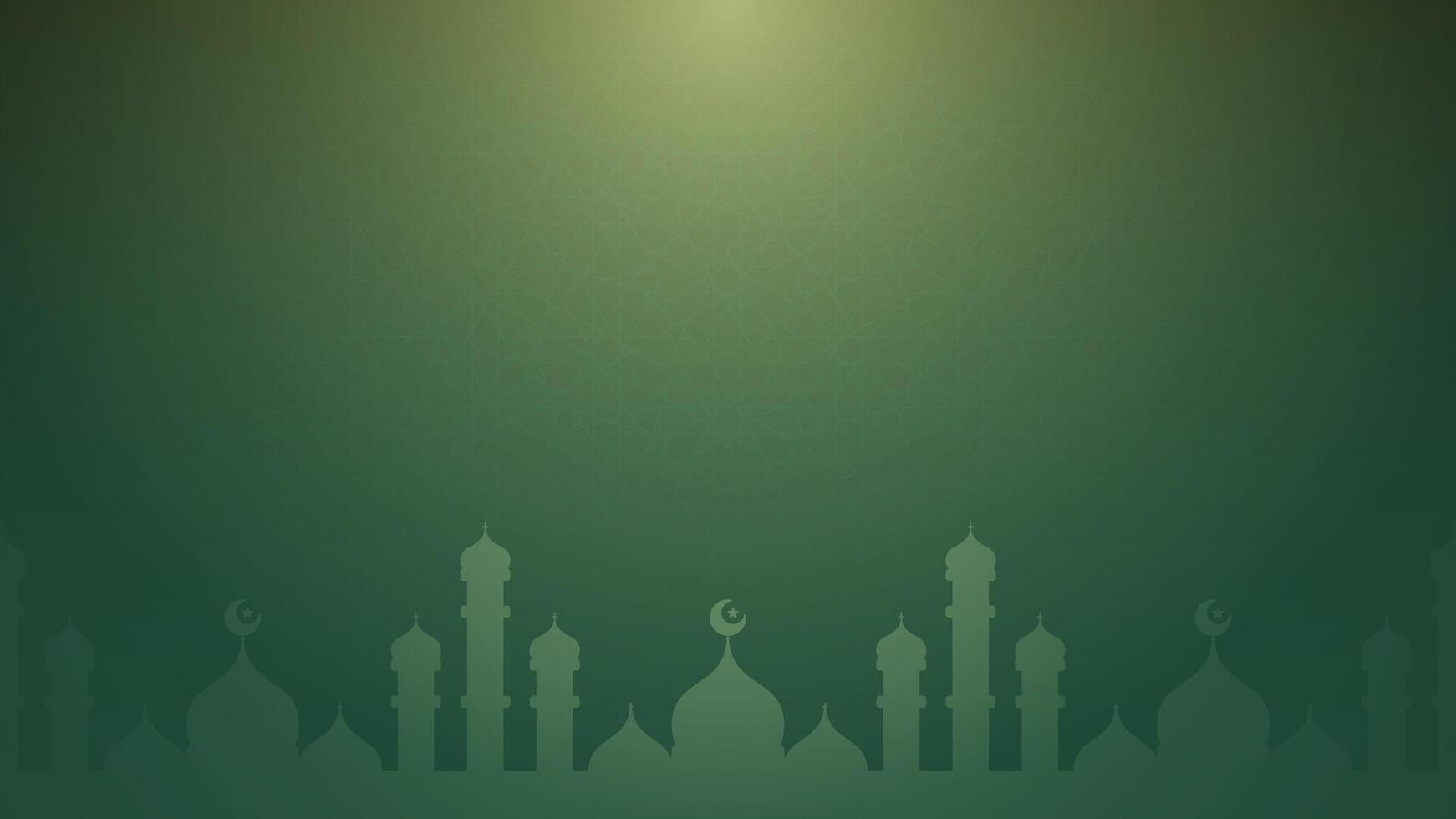 Simple Horizontal Green Gradient Islamic Background with Mosque Silhoette Design and Subtle Geometric Stars Like Patterns vector