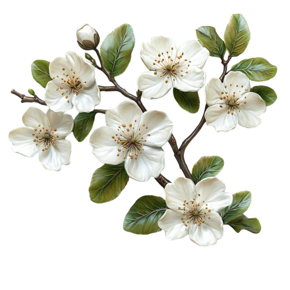 White Blooming Flowers on Branch with Green Leaves png
