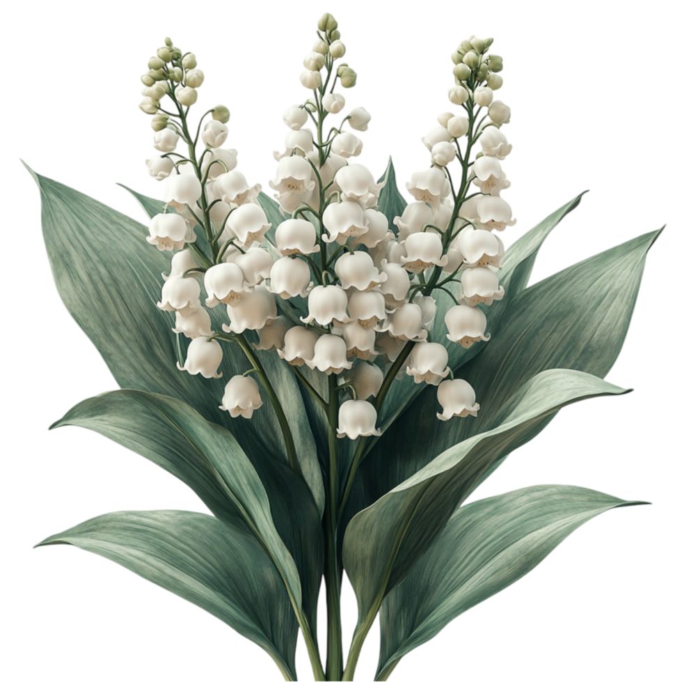 Transparent Bouquet of Lily-of-the-Valley Flowers with White Bells and Green Leaves png