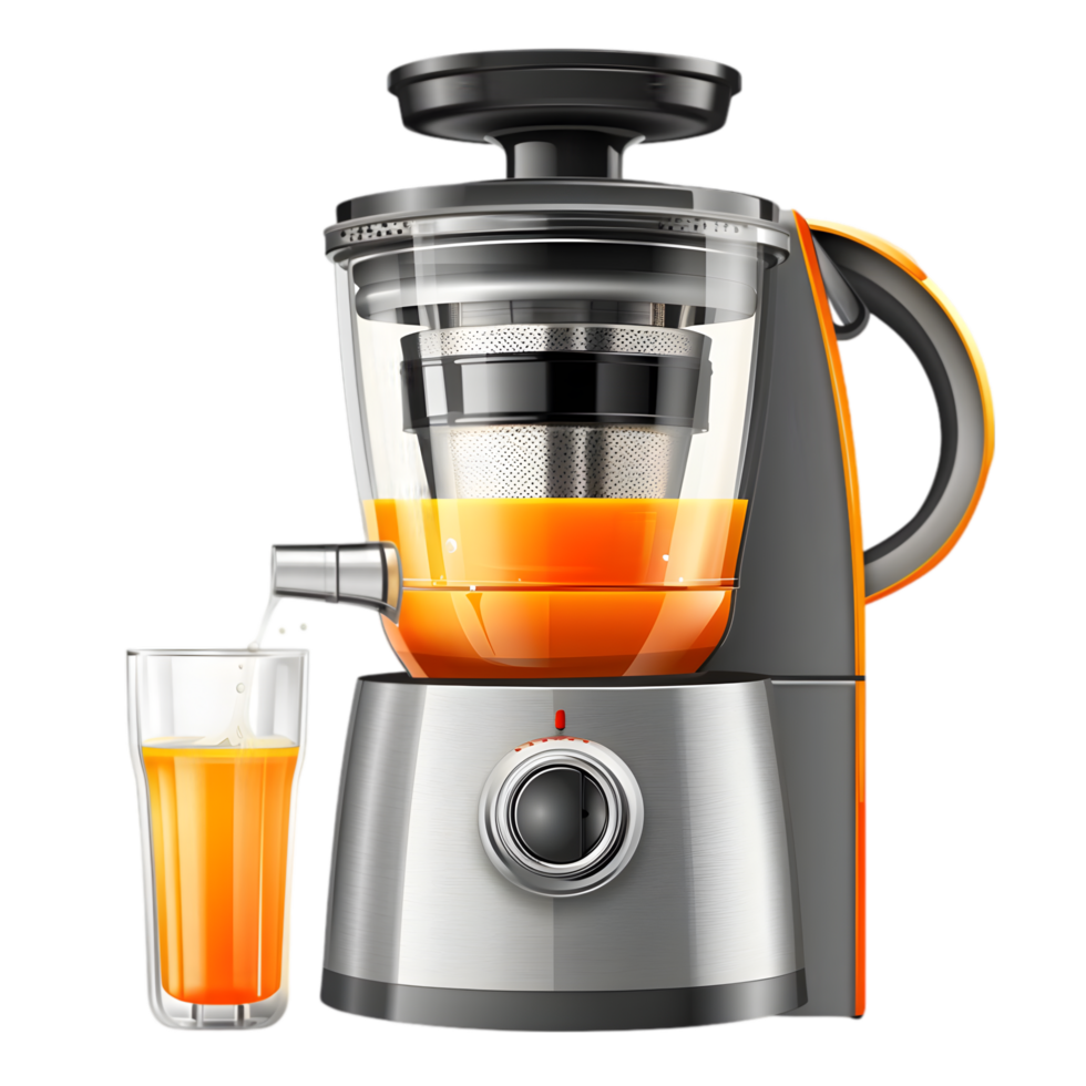 Electric Juice Maker with Fresh Orange Juice in Glass png