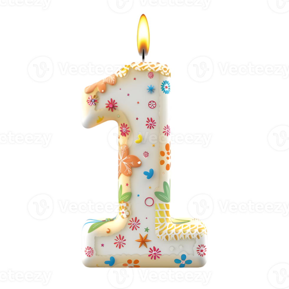 Number One Candle with Floral Patterns and Festive Design png