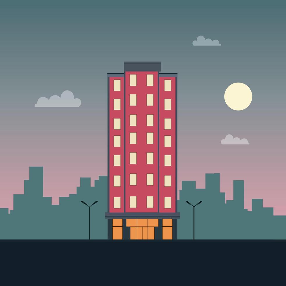 Hotel Apartment Building Landscape with Cityscape and Sun in Dusk Twilight vector