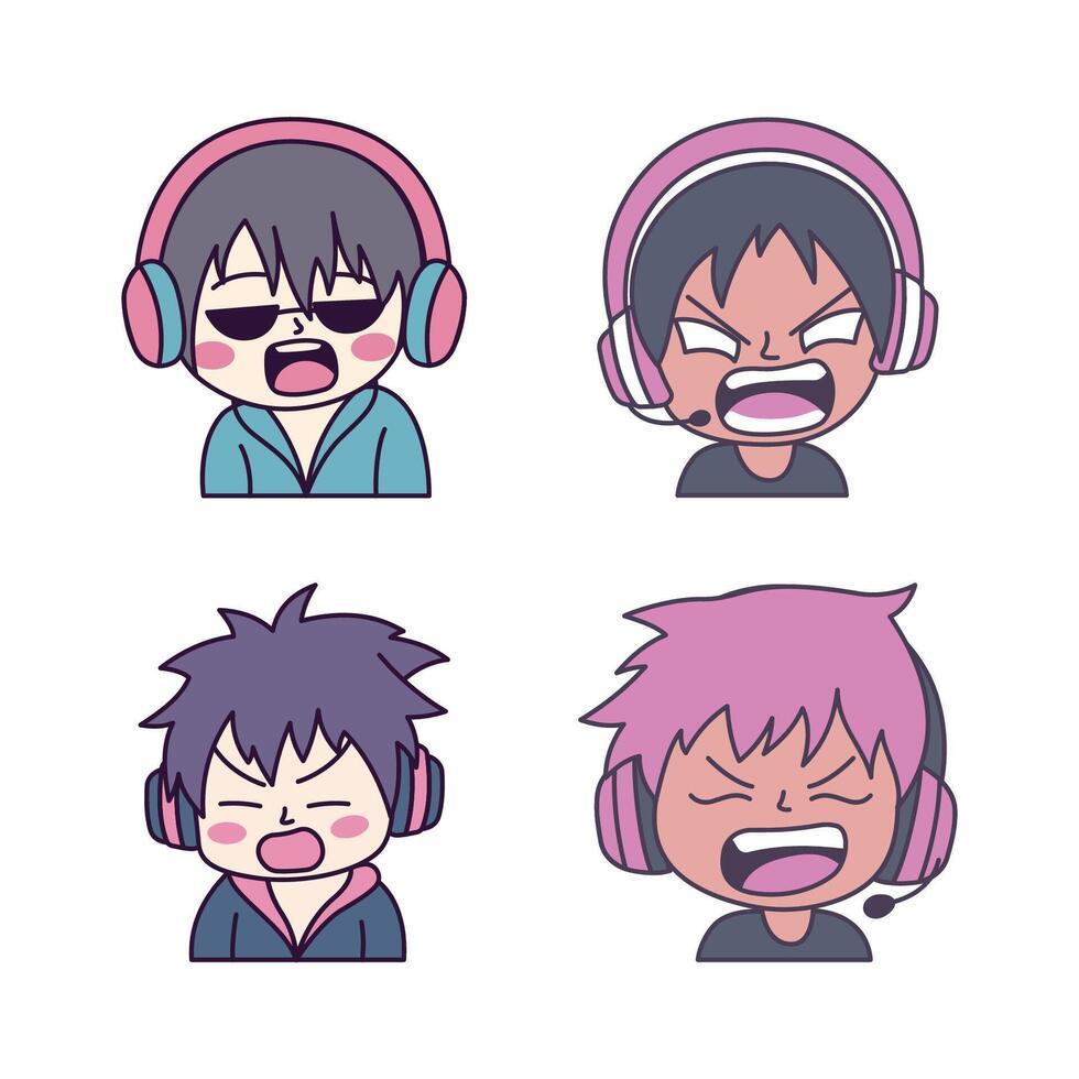 Set of Funny Boy Gamer Anime Cartoon Character Wearing Headset with Shouting Angry Expression vector