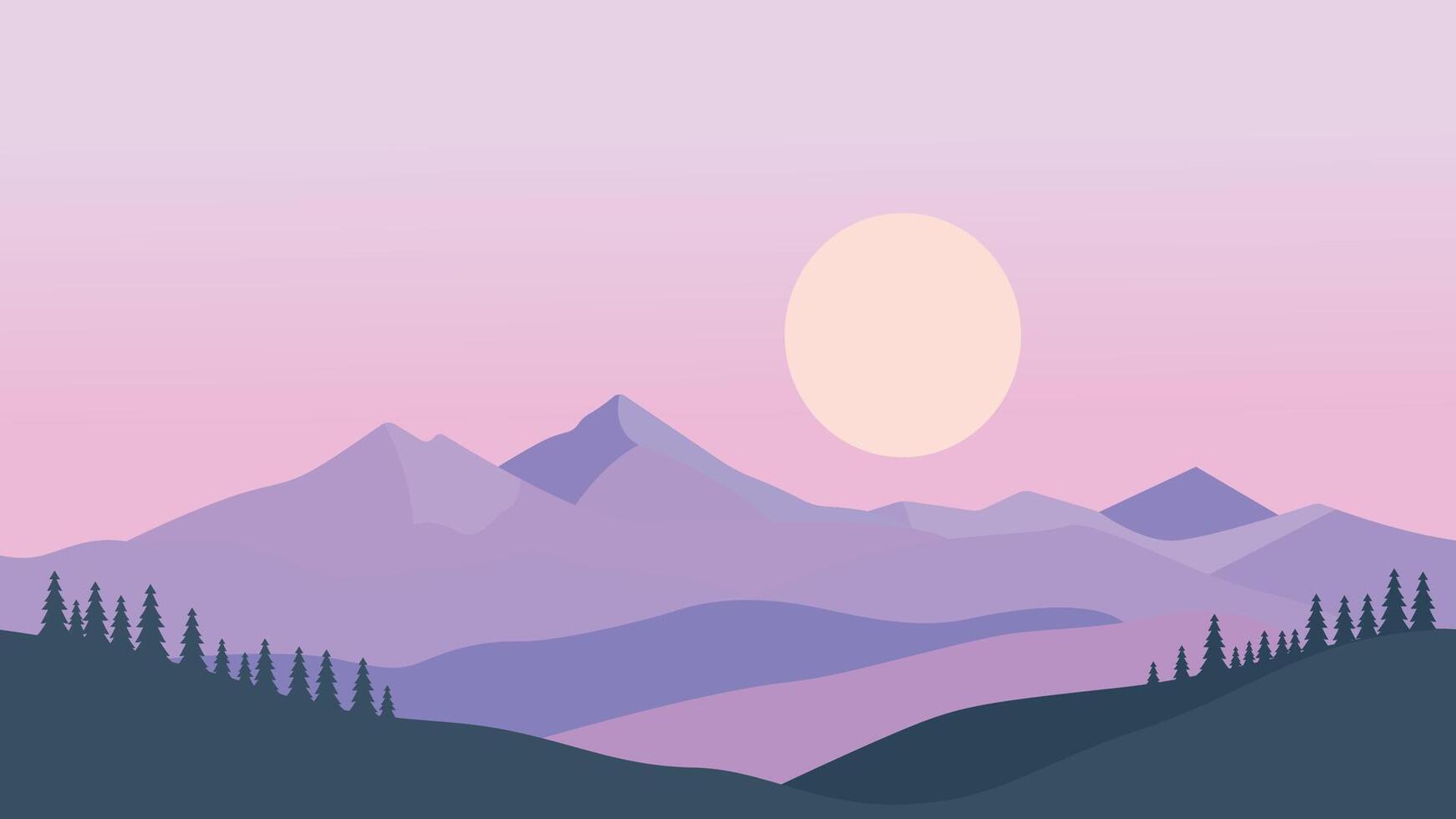 Flat Design Illustration of Mountain Hill Nature Landscape with Pine Trees and Sun in Dusk vector