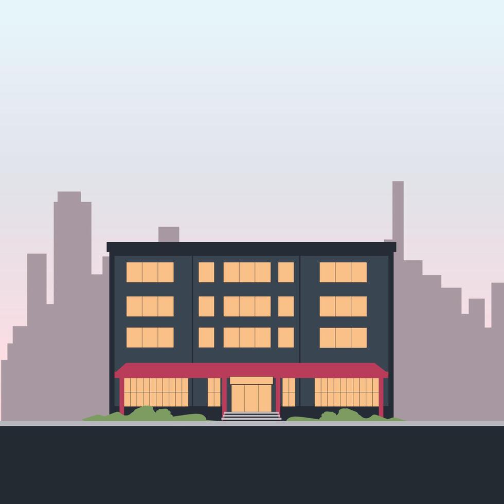 Hotel Apartment Building Exterior Landscape with Cityscape in Bright Sky vector