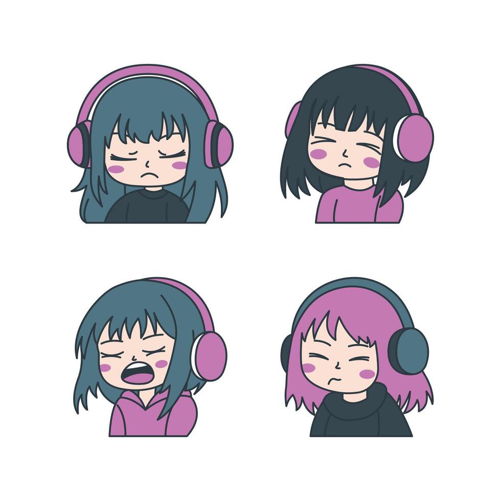 Set of Adorable Girl Gamer Anime Cartoon Character Wearing Headset with Sad Expression vector